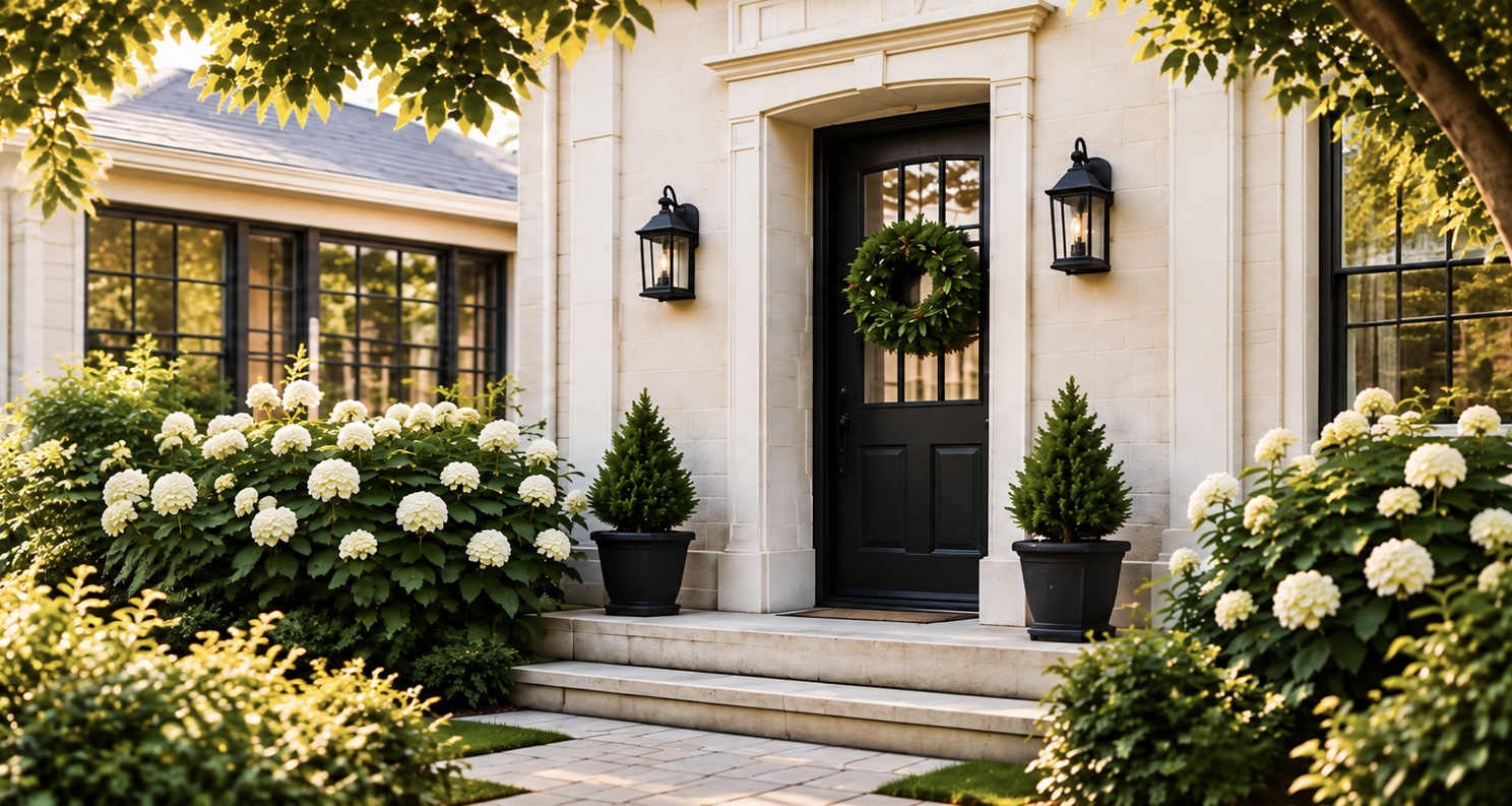 A cared-for home surrounded by mature landscaping in warm light